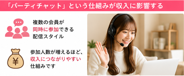複数の会員が同時に参加できるパーティチャットのイメージ