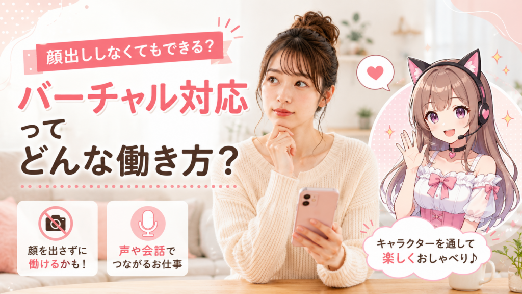 30代前半の日本人女性が、自宅でスマートフォンまたはマイクを使いながら、
画面上のバーチャルキャラクターと会話しているような場面。