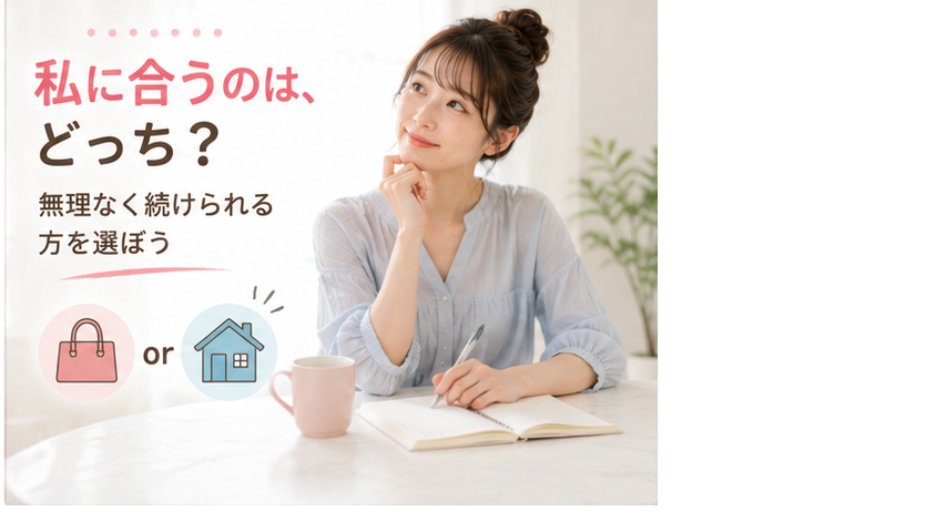 通勤・在宅の文字を大量に並べず、「私に合うのは?」という短い言葉を中心にして、女性が少し考えながら前向きな表情をしている構図。
