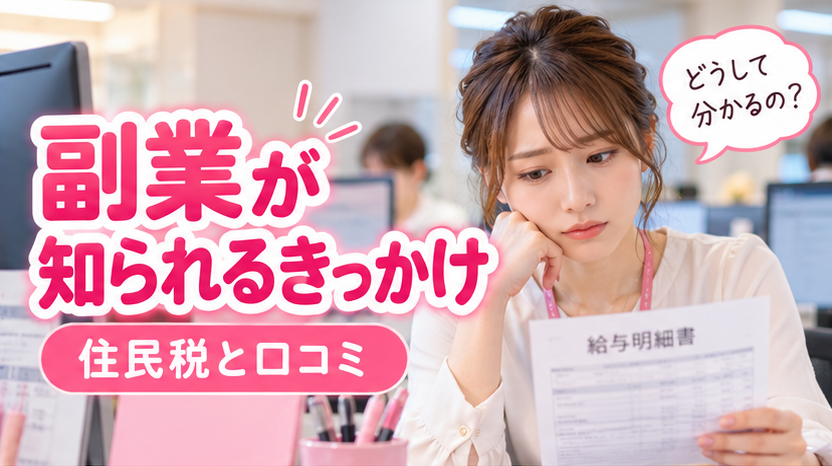 給与明細を見ながら副業が知られるきっかけを気にする女性