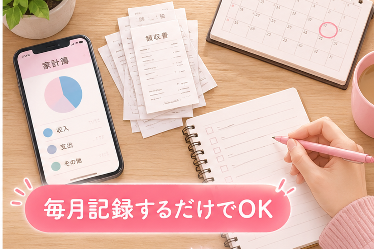 家計簿アプリとレシートで毎月の収入と経費を記録する様子