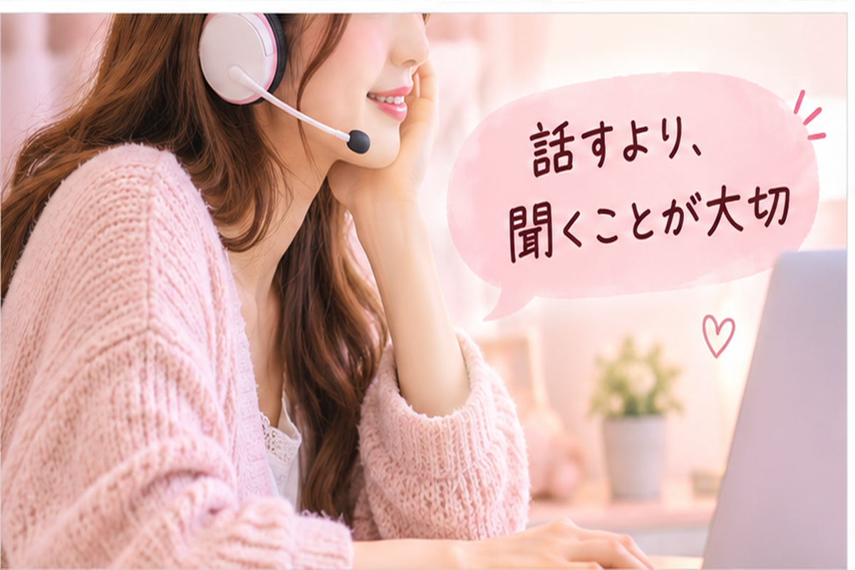 ヘッドセットをつけて相手の話を楽しそうに聞く女性