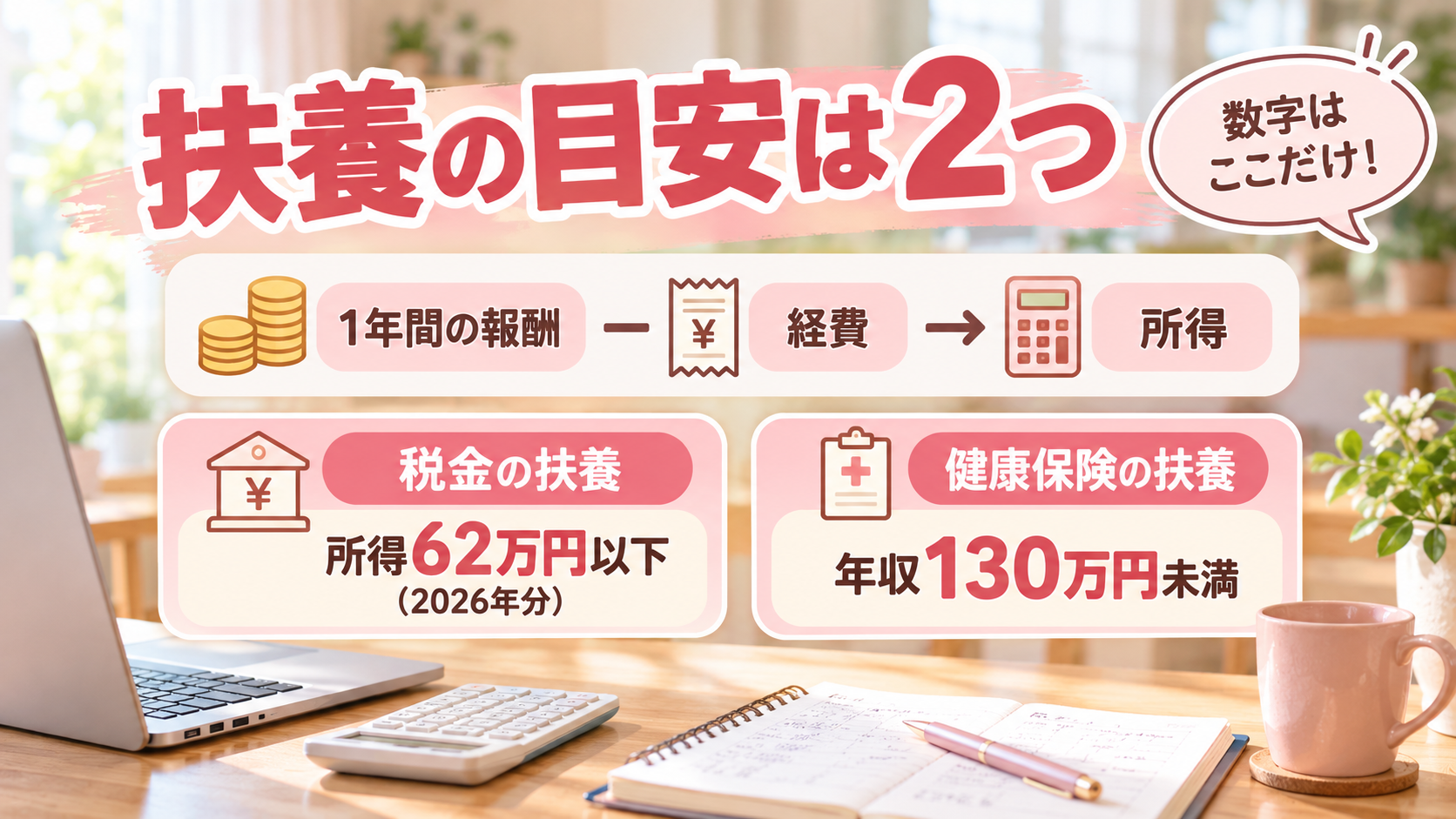 報酬から経費を引いて所得を計算し、130万円の目安と比べるイメージ図