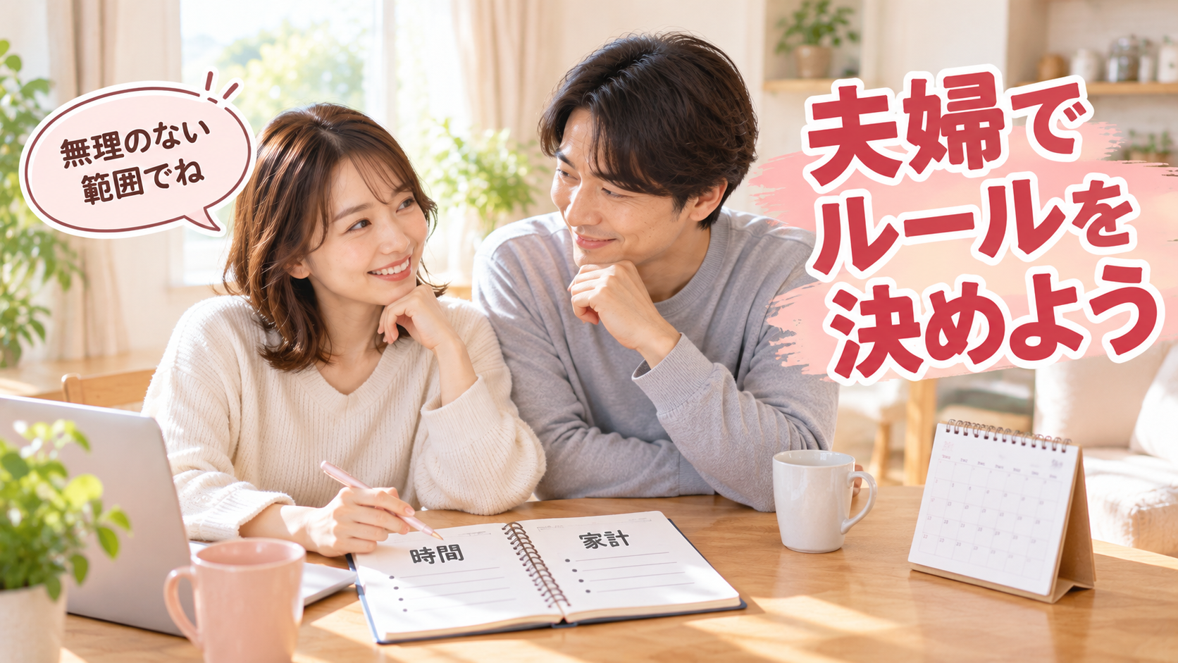 夫婦でノートを見ながら働く時間と家計のルールを話し合う様子