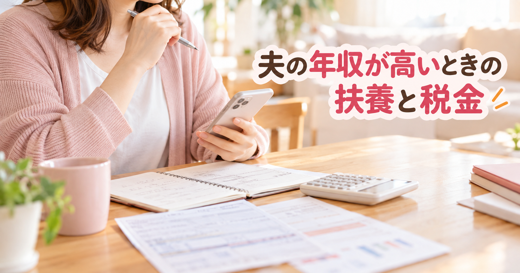 夫の年収が高いときの扶養と税金を、スマホと電卓で確認する女性