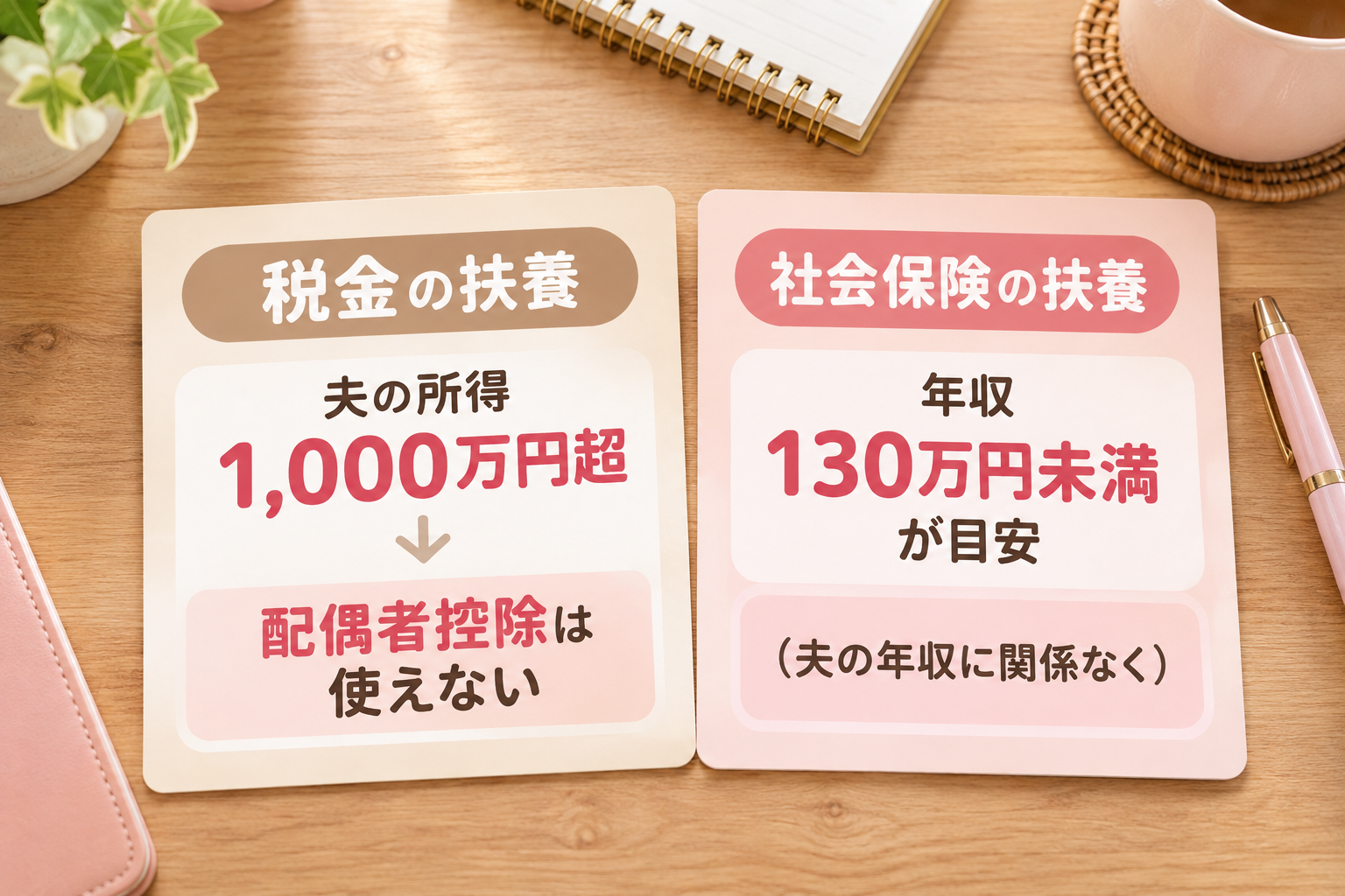 「税金の扶養」と「社会保険の扶養」の違いを2つのカードで比べるイメージ図
