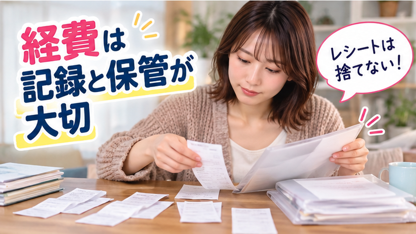 レシートや領収書を整理して経費を記録する女性