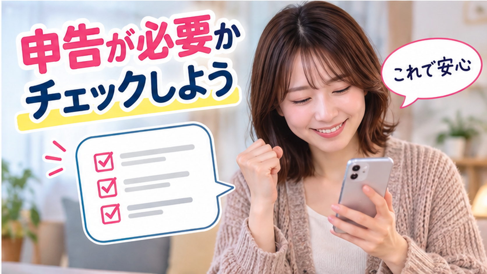 スマホで確定申告が必要かチェックして安心する女性
